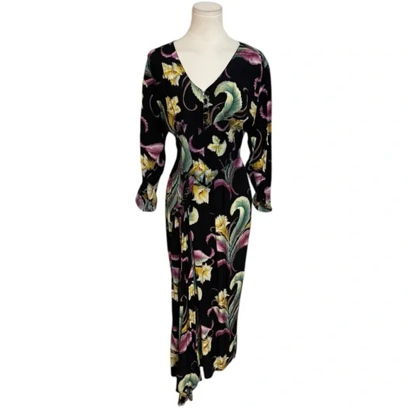 KAREN ALEXANDER Vintage 80âsâ Black Brocade Tropical Dress Size 6 Floral Party - Picture 1 of 14